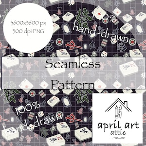 Könnte beinhalten: Ein nahtloses Musterdesign mit dunklem Hintergrund, das weiße, rote und grüne Mahjong-Steine, Würfel und andere Spielelemente zeigt. Die Wörter "Seamless Pattern" und "hand-drawn" sind ebenfalls sichtbar.