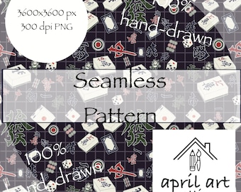 Mahjong Seamless Pattern — Hand-Drawn Tiles, Dice Digital Download, Oriental Game Art for Fabric, Gifts & POD
