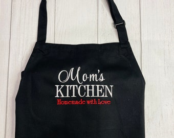 Embroidered Apron, Personalized Kitchen Apron, Black Kitchen Apron, Apron with Pockets, Cotton Apron, Adult Size Apron, Mothers Day Gift