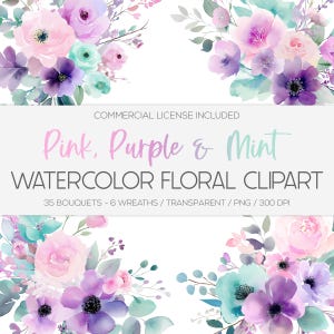 Floral Watercolor Clipart - Pink, Purple, Mint - Floral PNG, Flower Bouquet, Wedding Clipart, Wedding PNG, Unlimited Commercial License