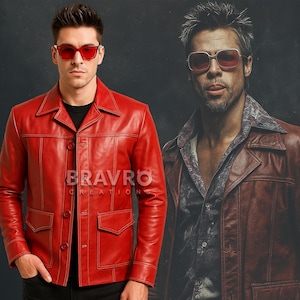 Fight Club Tyler Durden Jacket | Red Leather Biker Coat | Brad Pitt 90s Cosplay Outfit | Retro Movie Costume Jacket | Gift for Him