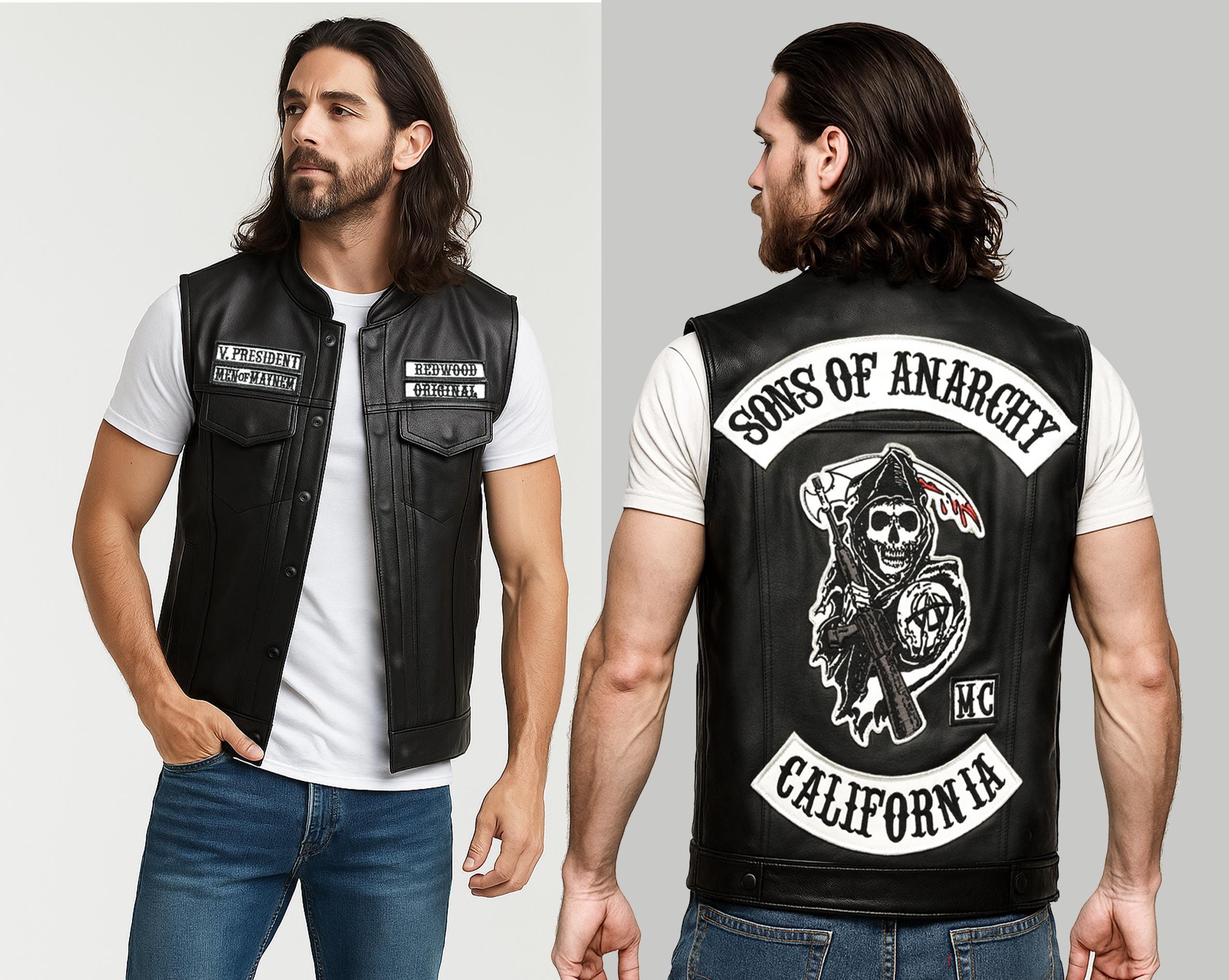 Sons of Anarchy ブラックレザー ベスト S Sons Of Anarchy Black Leather Biker Vest For Men – Red Bear