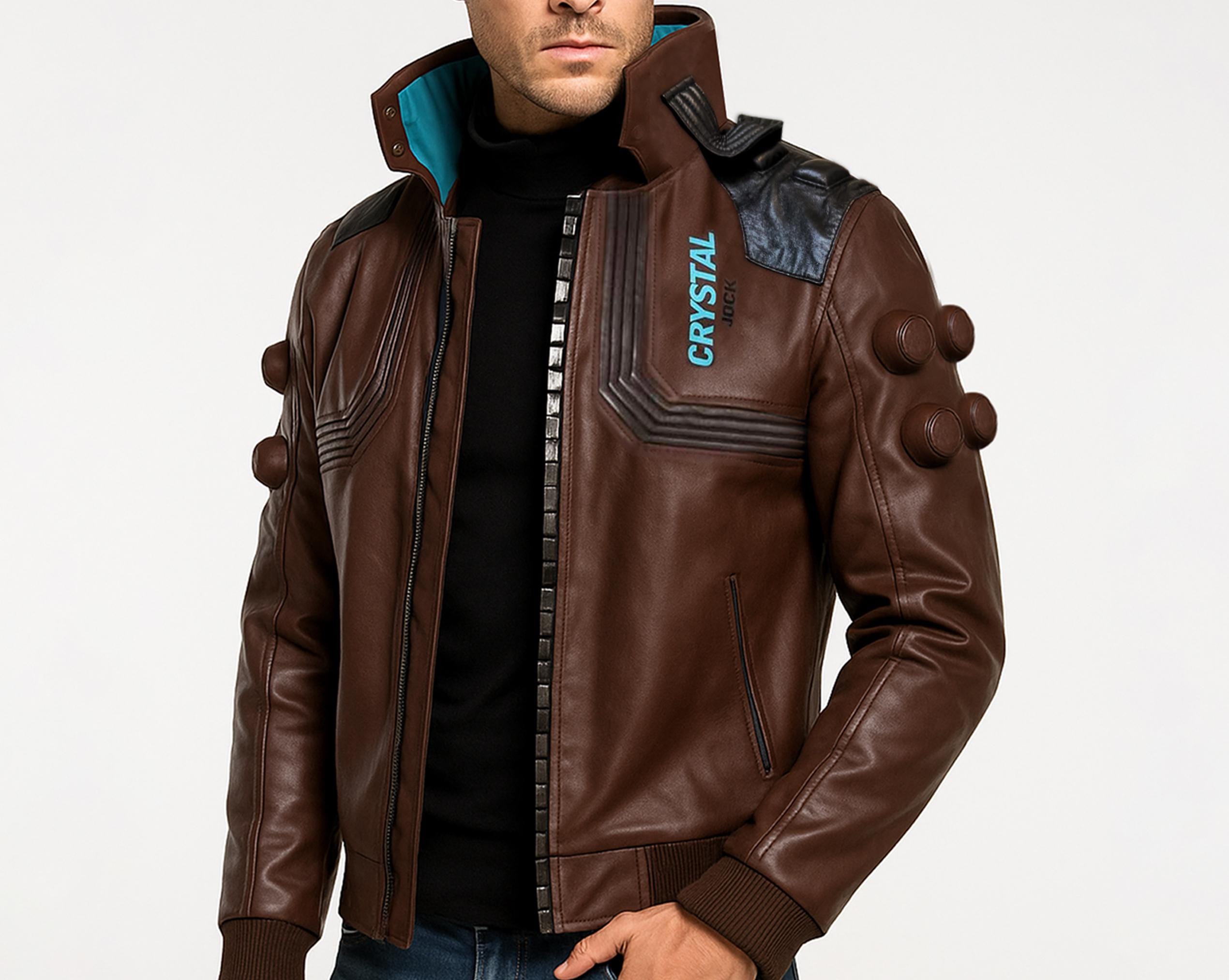 VR × CYBERPUNK LEATHER BOMBER JACKET Cyberpunk V Jacket Samurai Brown Leather Bomber | Men's
