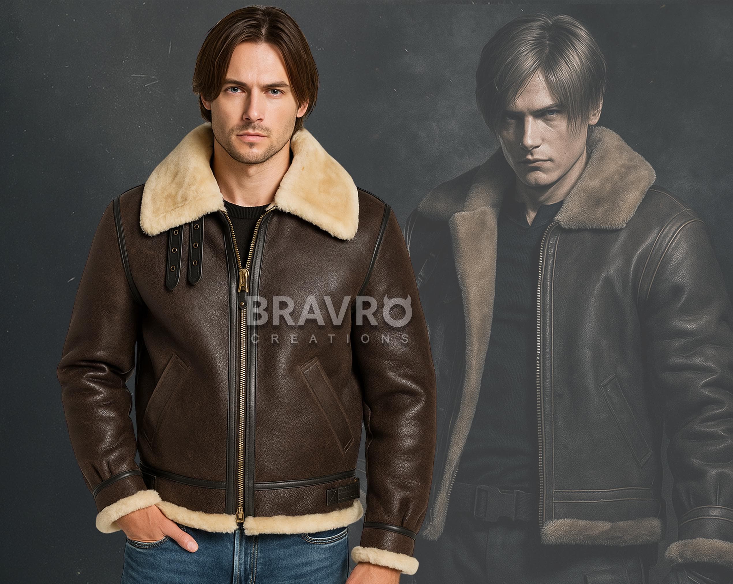 Leon Kennedy RE4 Jacket: B3 Bomber Shearling Leather Aviator