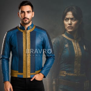 Lucy Fallout Cosplay Vault 33 Jacket | Blue Leather Vault Dweller Costume | Fallout TV Show Gamer Outfit | Post Apocalyptic Wasteland Outfit