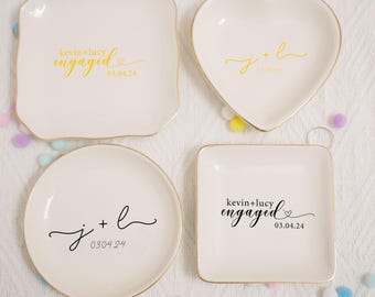 Engagement Ring Holder Wedding Gift For Bride Jewelry Tray, Custom Initials and Date Ring Dish, Anniversary Gift for Couple, Bridal Shower