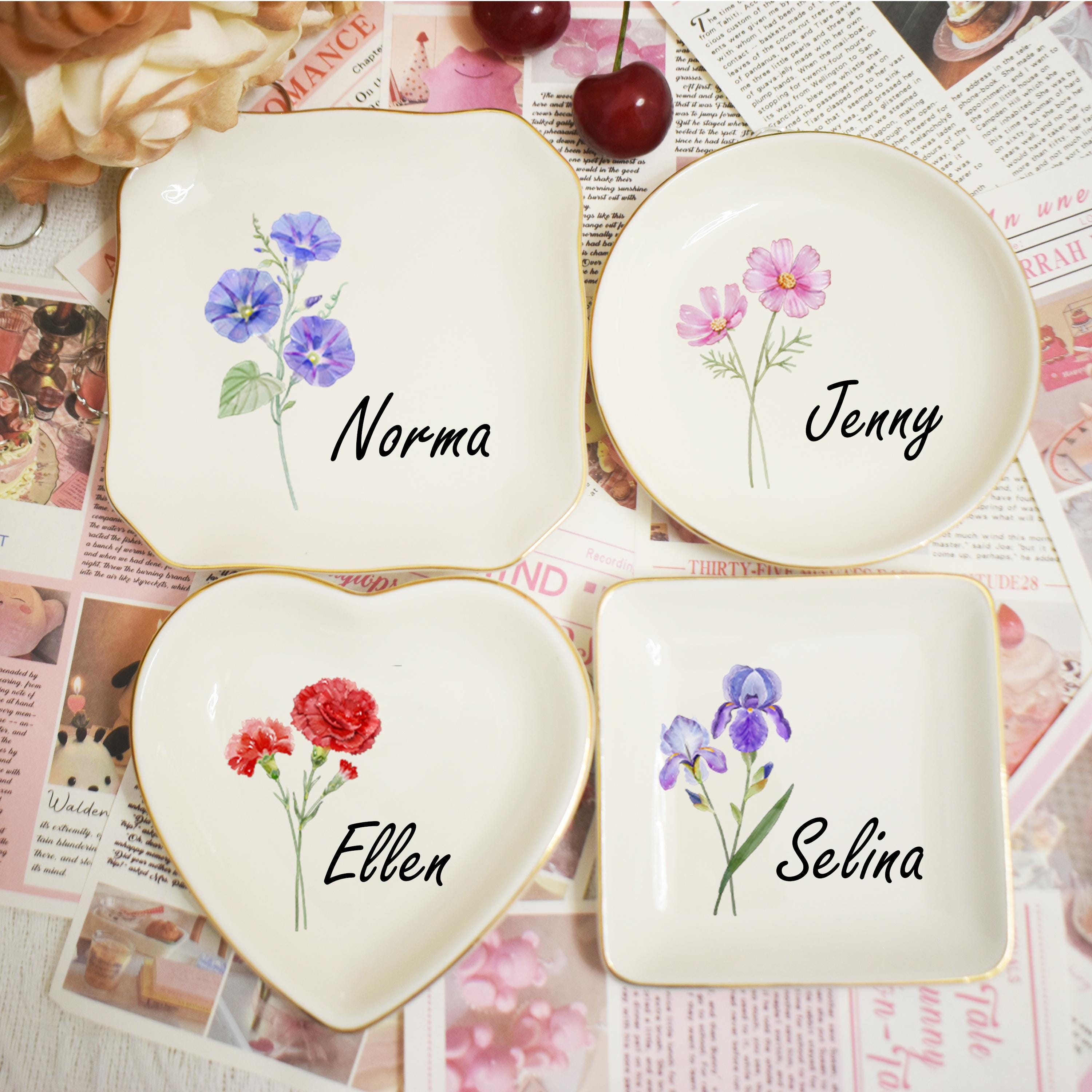 Personalized Wedding Ring Dish for Her, Custom Birth Flower Trinket Dish, Bridesmaid Gifts, Birthday Gifts for Sisters, Gifts for Mom