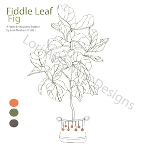 May include: Line drawing of a fiddle leaf fig plant in a pot with a decorative trim. The plant has large, leafy branches and is potted in a white pot with a brown trim. The pot has a decorative trim of small circles. The image is in black and white with a color palette of orange, green, and gray.