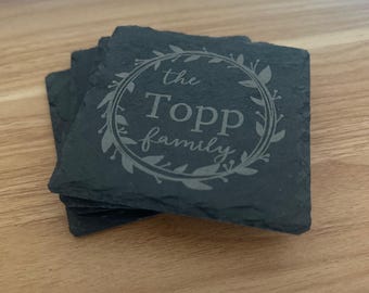 Personalized Slate Coaster Set with Holder – Custom Family Name Engraving (Set of 4)