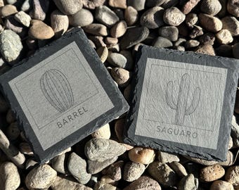 Nature-Inspired Slate Coaster Set – Laser Engraved | Cactus, Flower, Butterfly, Succulent Designs
