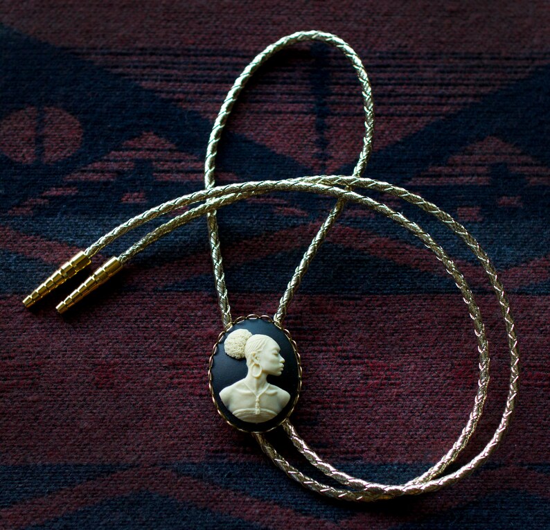Bolo Tie 40x30mm Black and Ivory African Woman Cameo Equestrian Western Raw Brass Bezel Setting Cowgirl Stampede Rodeo