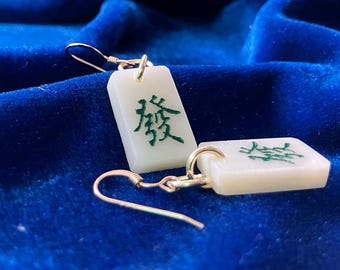 Mahjong Dragon Earrings 14k Gold & Engraved Bone