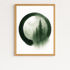 Zen Wald Fine Art Poster, Enso Wandkunst, minimalistischer Natur Druck, grünes Aquarell Dekor, Achtsamkeit Kunst, Japanisches Enso, Gelassene Bäume