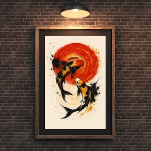Póster de pez koi zen Yin Yang con sol rojo, arte abstracto japonés para pared.