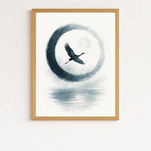Póster japonés de acuarela con luna, zen, enso y grulla voladora, arte de meditación minimalista para espacios tranquilos.