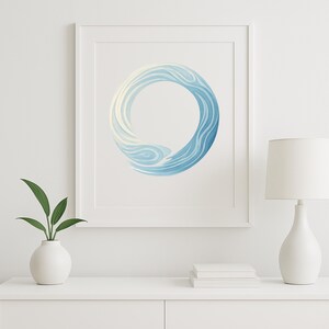 Water Enso Circle Wall Art  Blue Zen Minimalist Wave Print 8x10 Poster
