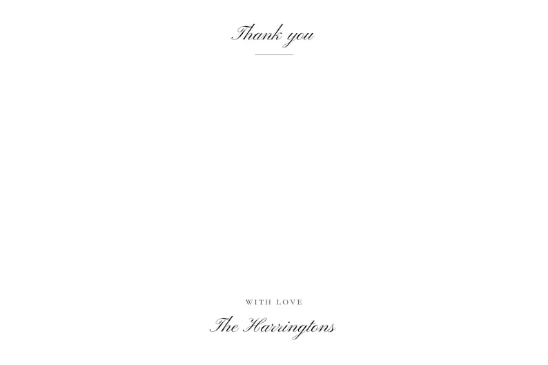May include: White card with elegant script text that reads "Thank you" at the top, underlined, and "With Love" and "The Harringtons" at the bottom. The design is simple and classic.