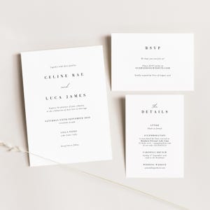 May include: Three white wedding invitation cards with black text. The largest card lists the names Celine Rae and Luca James, the date, time, and location. The other cards include RSVP and event details.
