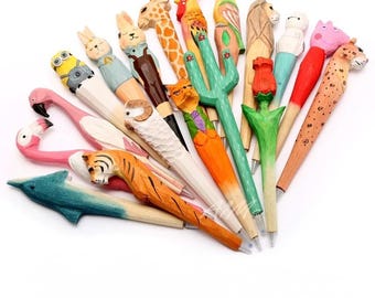 Hand-Carved Animal Pens – Wooden Cartoon Character Ballpoint Pen – Fun Gift for Kids & Stationery Lovers