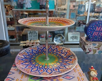 Colorful Two-Tiered Serving Stand – Geometric Pattern