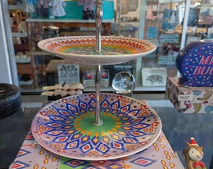 Colorful Two-Tiered Serving Stand – Geometric Pattern
