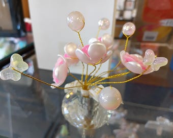 Handmade Pink Pearl Flower Ornament – Wire Bouquet in Crystal Base | Faux Glass Blossom Gift | Butterfly Bead Floral Decor