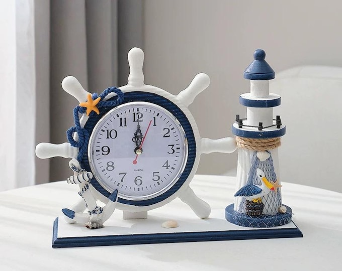 Nautical Ship Wheel Clock with Lighthouse – Coastal Decor Desk Clock, Seaside Beach House Gift, Ocean Theme Ornament
