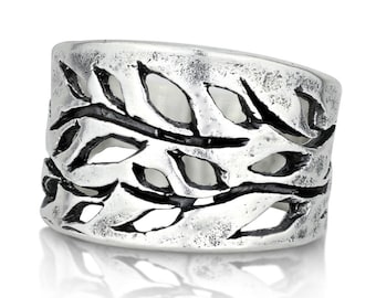 Anillo de hoja de plata esterlina martillada: joyería natural hecha a mano