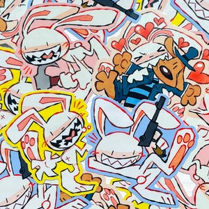 May include: A collection of die-cut stickers featuring the white rabbit character Max and the brown dog character Sam from Sam & Max. The illustrations show the characters in various poses, including holding a black handgun and surrounded by red hearts.