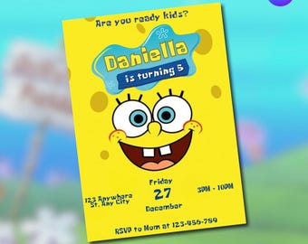 Editable Sponge Birthday Invitation, Birthday Party Invite Sponge, Canva Editable, Printable Invitation Kids Girl Boy Party Invite