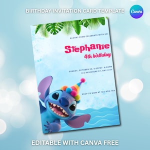 Editable Stitch Birthday Invitation, Birthday Party Invite Stitch, Canva Editable, Printable Invitation Kids Girl Boy Party Invite