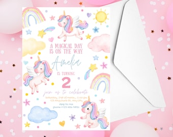 Invitación de cumpleaños de unicornio. Plantilla arcoíris editable. Invitación mágica para fiesta - Descarga instantánea. Diseño pastel para niña.