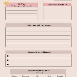 May include: A printable monthly reset planner with sections for wins, affirmations, what went well, challenges, and focus for the month ahead. The planner has a pink and white color scheme with a crown graphic at the top.
