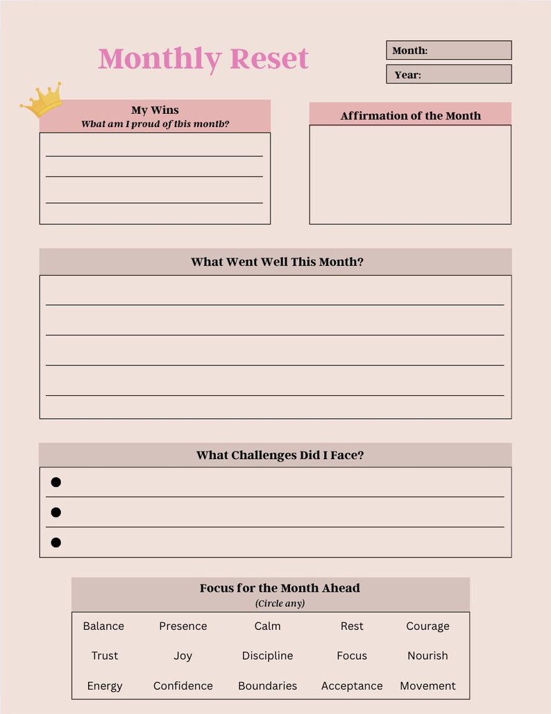 May include: A printable monthly reset planner with sections for wins, affirmations, what went well, challenges, and focus for the month ahead. The planner has a pink and white color scheme with a crown graphic at the top.
