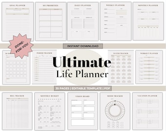 Done-For-You Digital Life Planner | Self-Care & Wellness Planner | Mood Trackers | Editable PDF | Instant Download