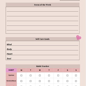 May include: A printable weekly self-care planner with sections for focus of the week, self-care goals, and a habit tracker. The habit tracker includes checkboxes for Monday through Sunday for hydrating, stretching/moving, journaling, and sleeping 7+ hours.