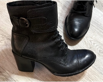 Born Black Leather Lace Up Buckle Ankle Boots Women's Size 10