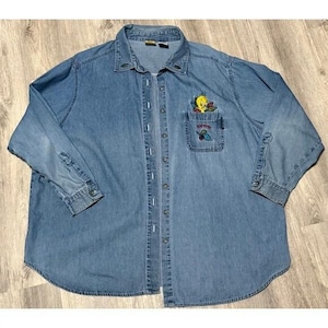 Vintage Denim Shirt Sz 2X Embroidered Tweety Bird Button Front Distressed