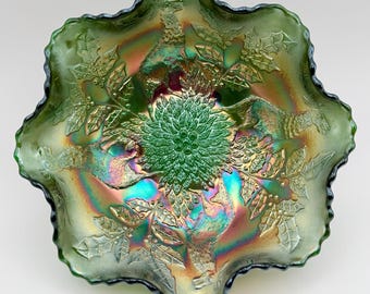 Antique Fenton Stag and Holly Green Carnival Glass Footed Bowl