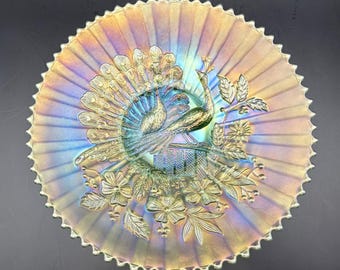 Northwood Ice Green Peacocks Plate; Antique