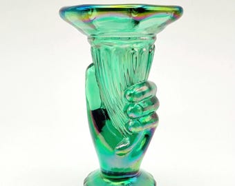 Fenton Miniature Spruce Green Carnival Hand Vase. Hard To Find!