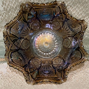 Imperial Diamond Ring Ruffled Bowl in Smoke Carnival Glass