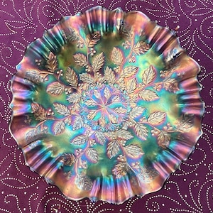 Fenton Holly 3-1 cobalt carnival glass bowl—imperfect