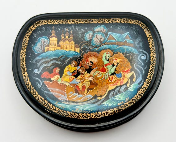 Vintage Russian Laquer Box Titled Winter Troika