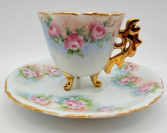 Gorgeous Japanese Hand Painted Footed Teacup and Saucer