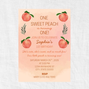 Peach First Birthday Invitation Girl – Editable One Sweet Peach Party Invite Template – 1st Birthday Digital Download – Canva Editable Invit