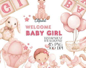 Watercolor Baby Girl Clipart: Nursery Art, Transparent PNG (Digital Download)