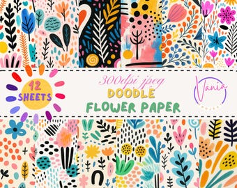 Floral Doodle Digital Paper: Colorful Hand-Drawn Designs (Digital Download)