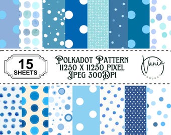 Blue Polka Dot Digital Paper: 15 Soft Scrapbook Patterns (Digital Download)