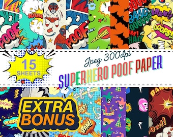 Superhero Comic Book Digital Paper: Action Words, Effects (Digital Download)